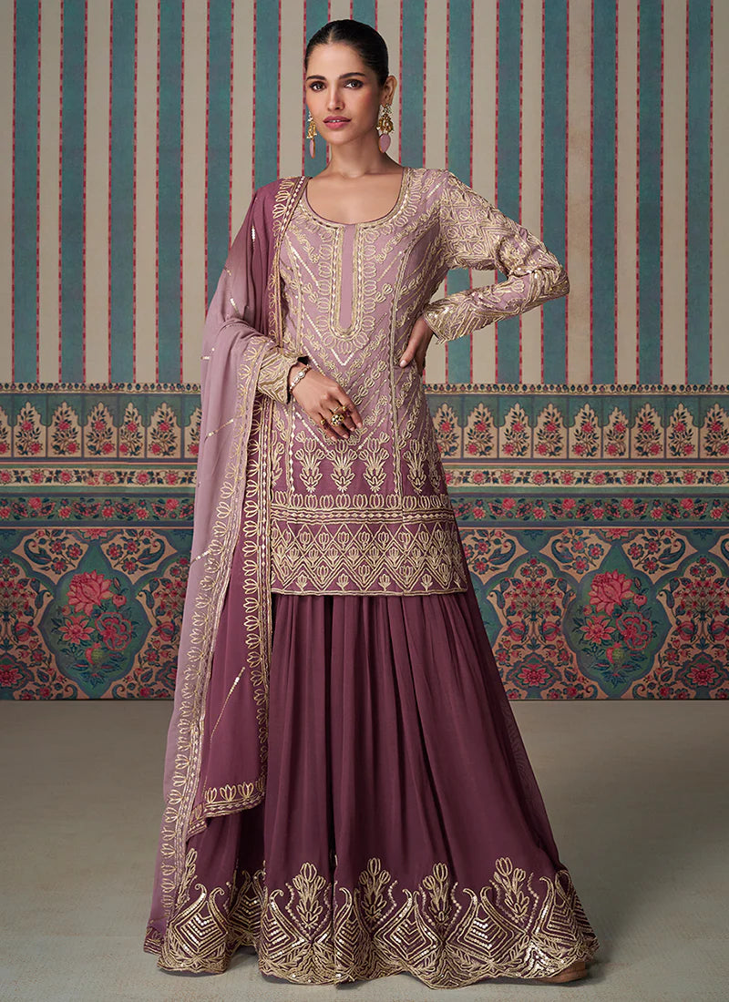 Designer Mauve Purple Sharara Suit with Detailed Embroidery