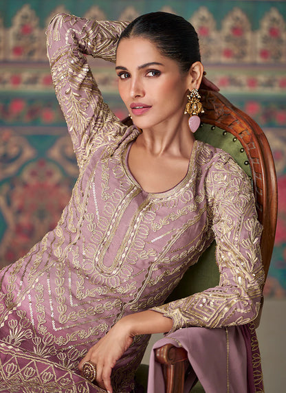 Designer Mauve Purple Sharara Suit with Detailed Embroidery