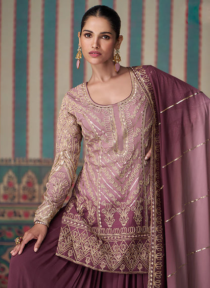 Designer Mauve Purple Sharara Suit with Detailed Embroidery