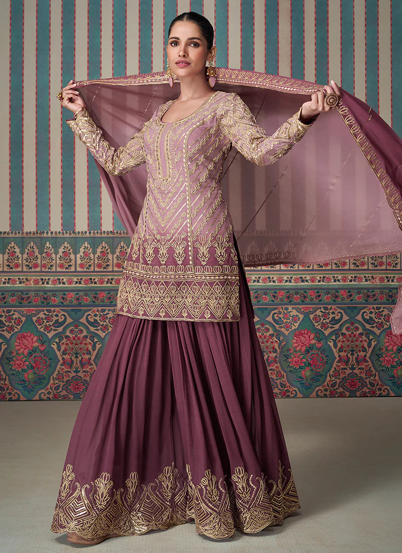 Designer Mauve Purple Sharara Suit with Detailed Embroidery