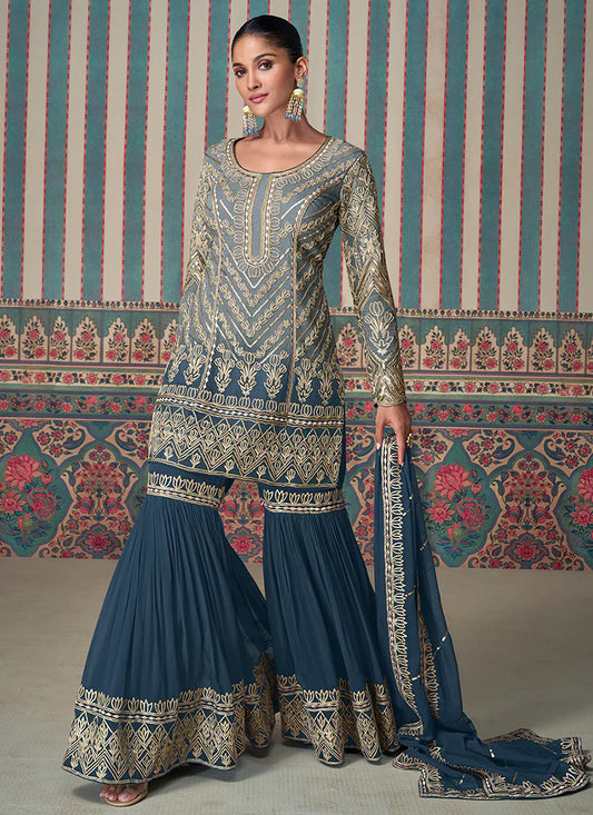 Designer Royal Blue Festive Gharara Suit with Detailed Embroidery