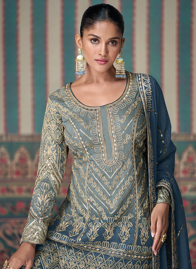 Designer Royal Blue Festive Gharara Suit with Detailed Embroidery