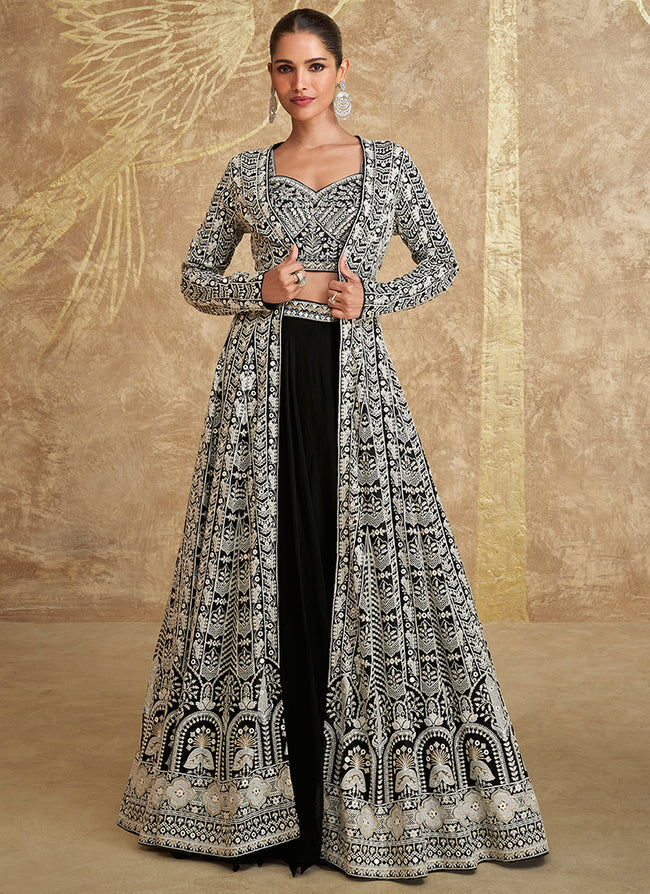 Designer Black Jacket Style Lehenga with Embroidery Details