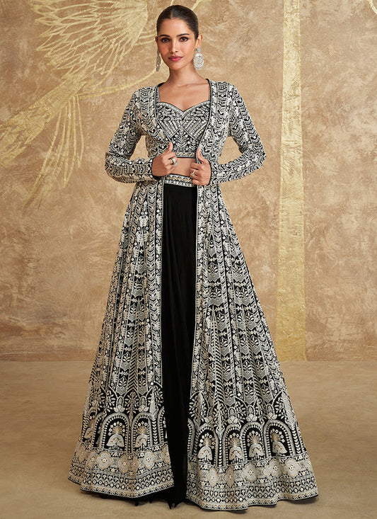 Designer Black Jacket Style Lehenga with Embroidery Details