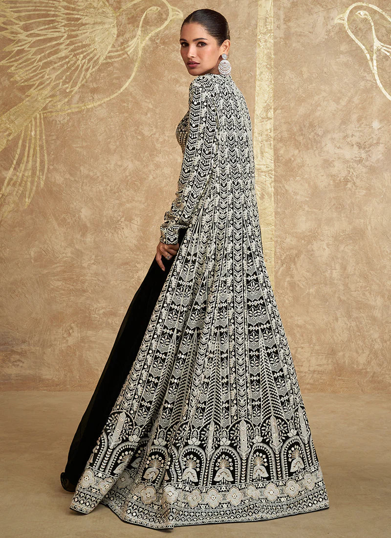 Designer Black Jacket Style Lehenga with Embroidery Details