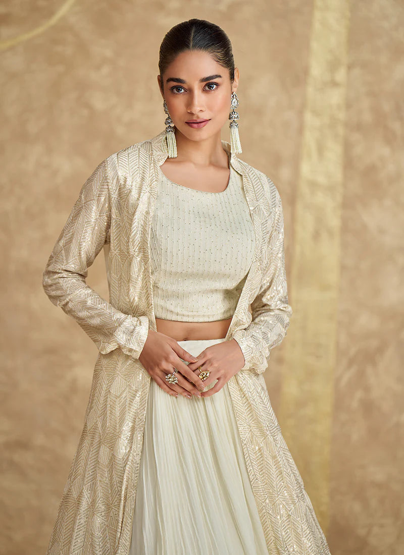 Designer Pearl White Jacket Style Lehenga with Embroidery Details