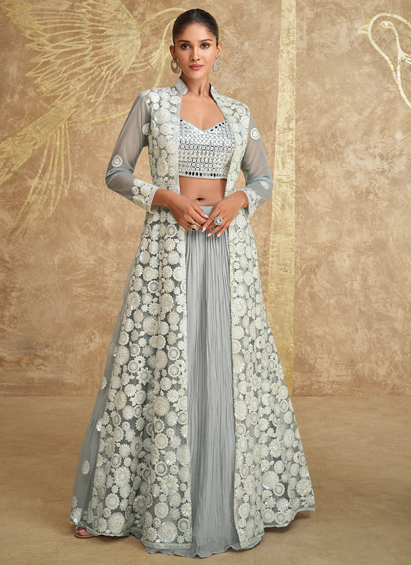 Designer Soft Grey Jacket Style Lehenga with Embroidery Details