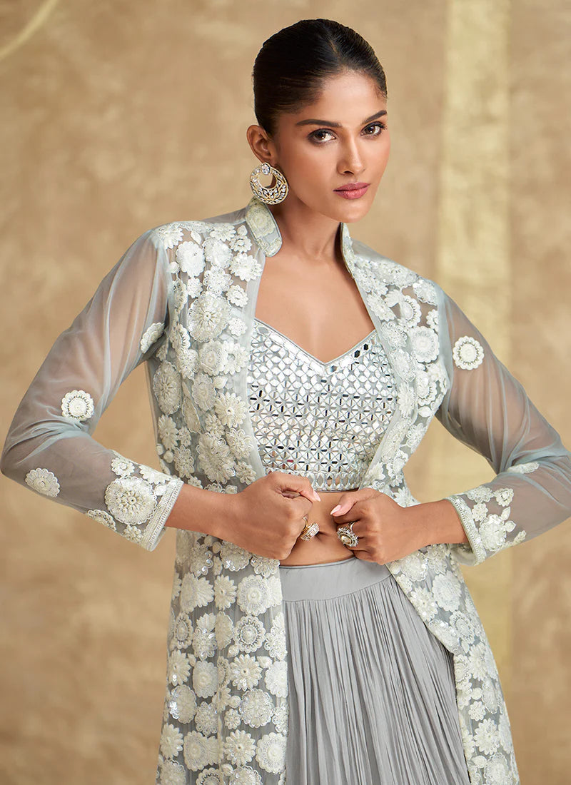 Designer Soft Grey Jacket Style Lehenga with Embroidery Details