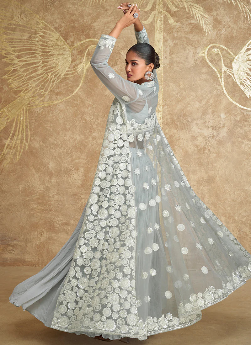 Designer Soft Grey Jacket Style Lehenga with Embroidery Details