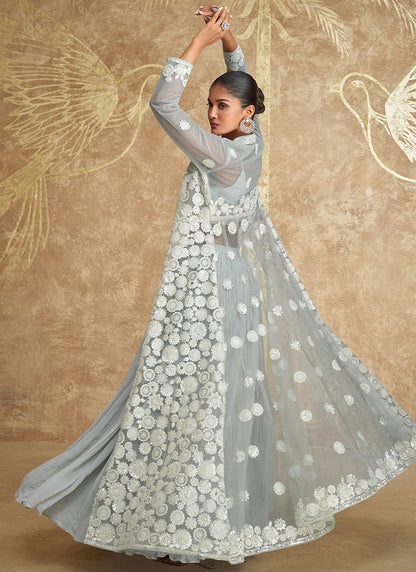 Designer Soft Grey Jacket Style Lehenga with Embroidery Details