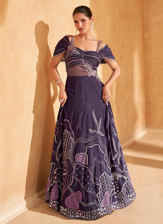 Deep Purple Embroidered Designer Gown - Perfect Party Wear for Pakistani Festivals and Indian Weddings - Elegant Thread and Mirror Work