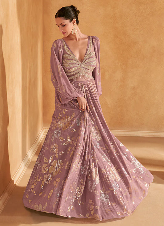 Lilac Purple Embroidered Designer Gown - Perfect Party Wear for Pakistani Festivals and Indian Weddings - Elegant Thread and Mirror Work