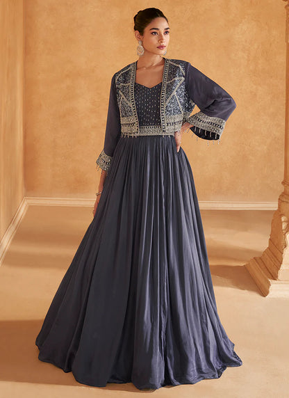 Pansy Blue Embroidered Designer Gown with Jacket - Ideal for Indian Festivals, Weddings, and Party Wear - Elegant Thread and Mirror Work