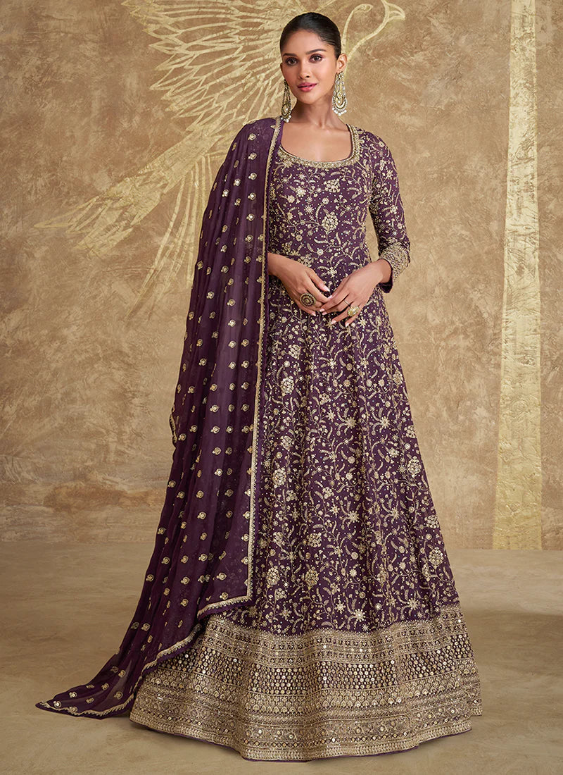 Deep Purple Embroidery Anarkali Gown