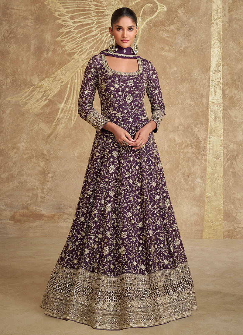 Deep Purple Embroidery Anarkali Gown