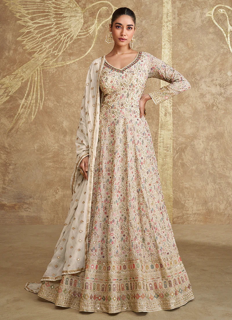 Off White Embroidery Anarkali Gown