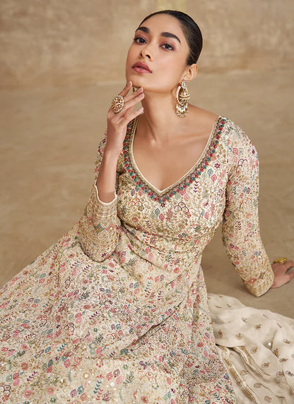 Off White Embroidery Anarkali Gown