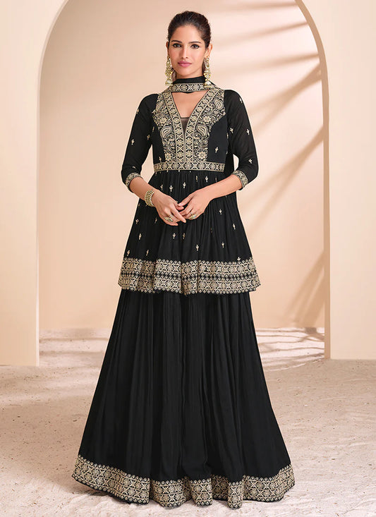 Midnight Black Pakistani Embroidered Lehenga Kurti - Ideal for Indian and Pakistani Weddings and Festivals - Intricate Thread and Mirror Work