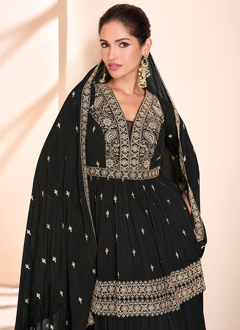 Midnight Black Pakistani Embroidered Lehenga Kurti - Ideal for Indian and Pakistani Weddings and Festivals - Intricate Thread and Mirror Work