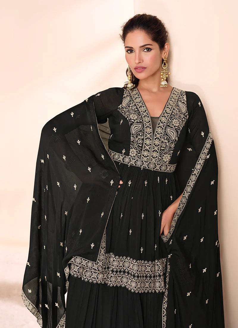 Midnight Black Pakistani Embroidered Lehenga Kurti - Ideal for Indian and Pakistani Weddings and Festivals - Intricate Thread and Mirror Work