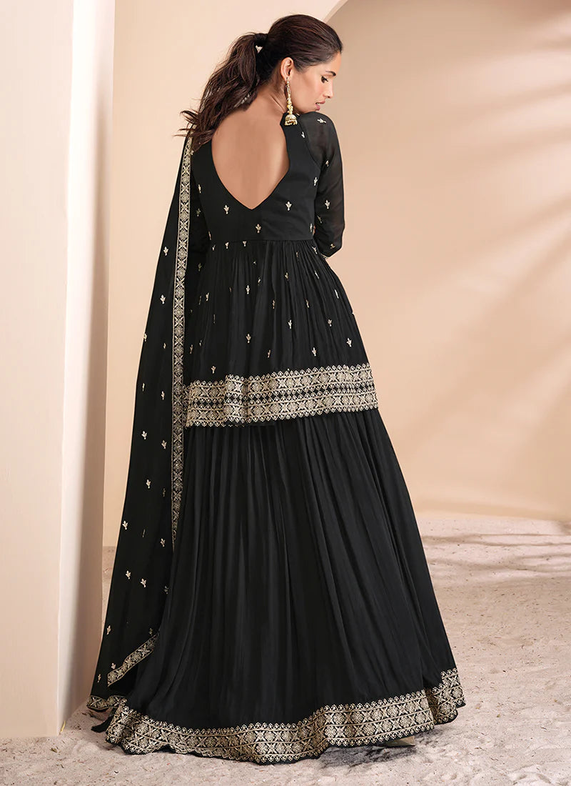 Midnight Black Pakistani Embroidered Lehenga Kurti - Ideal for Indian and Pakistani Weddings and Festivals - Intricate Thread and Mirror Work