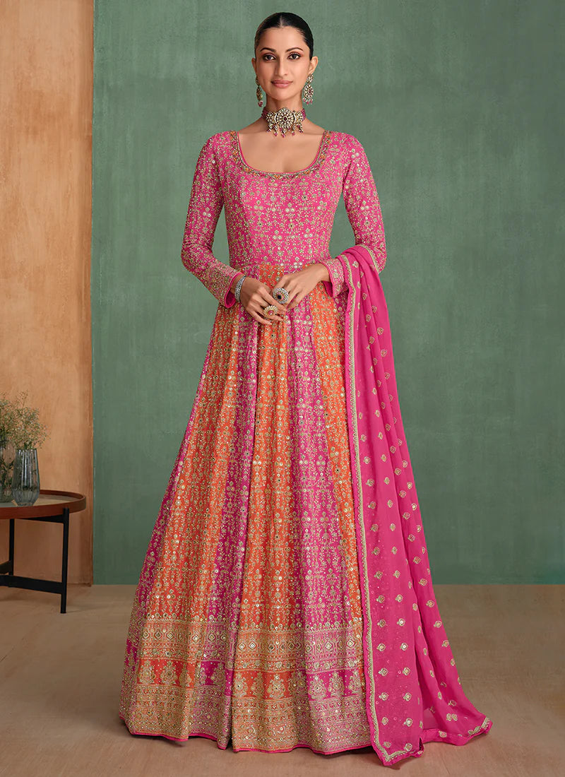 Festive Pink and Orange Anarkali Gown