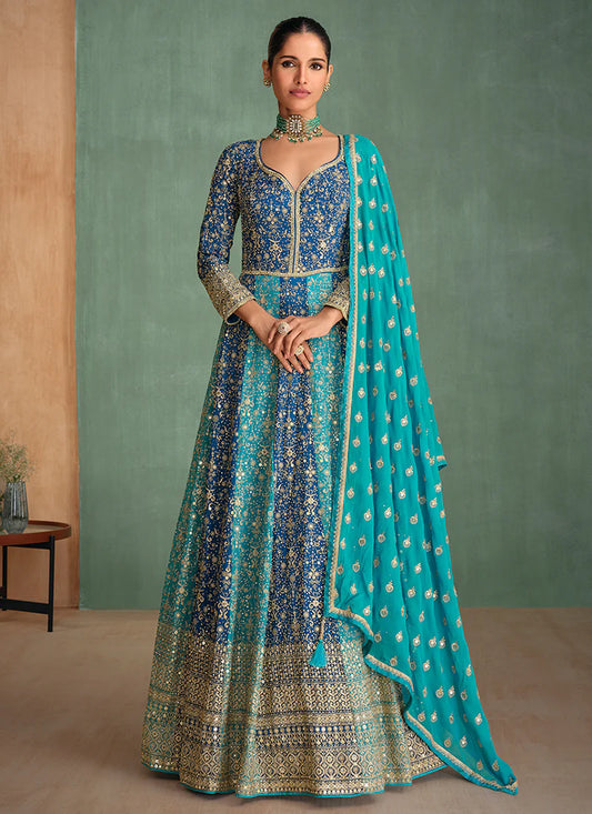 Festive Teal and Blue Anarkali Gown