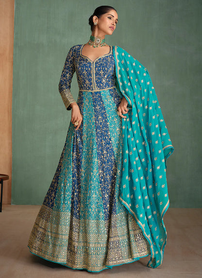 Festive Teal and Blue Anarkali Gown