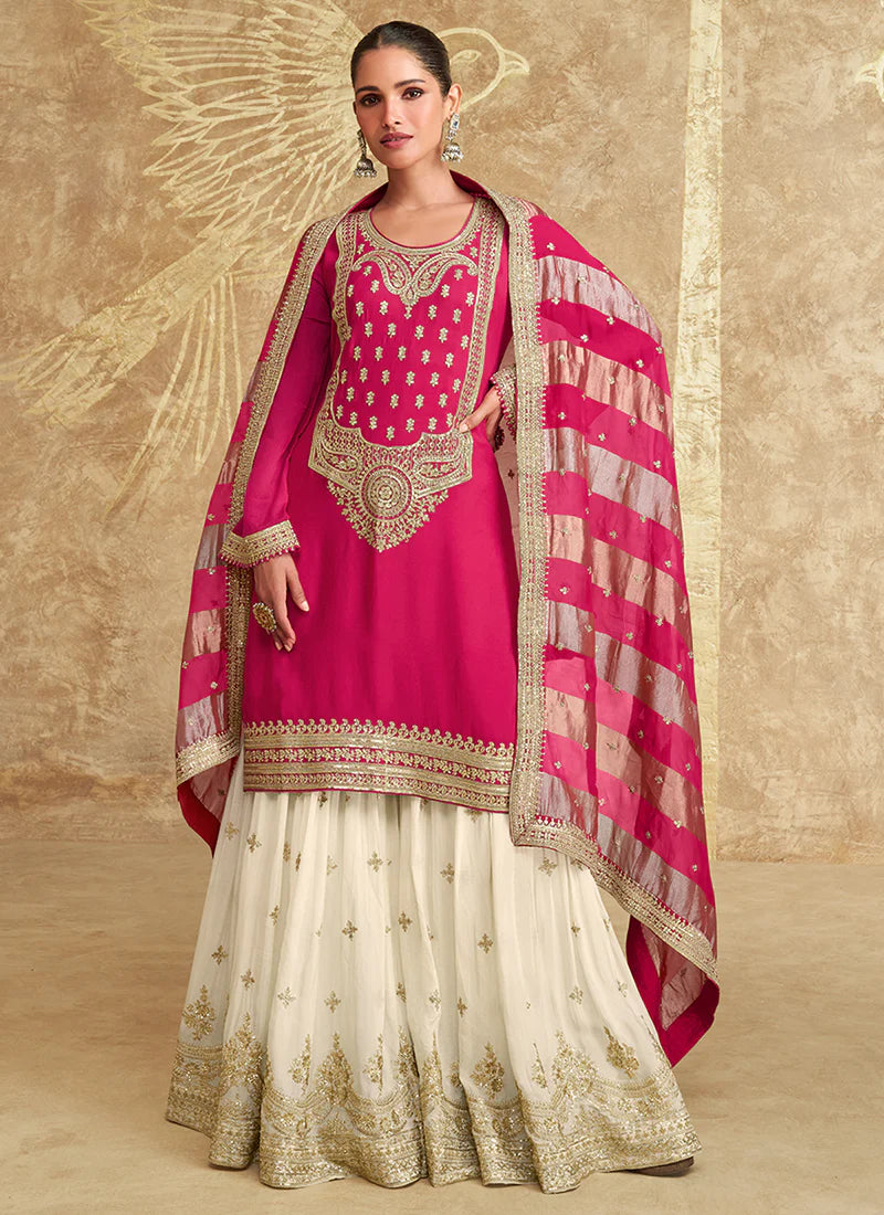 Pink and Off-White Gharara Style Suit with Embroidery - Perfect for Indian Festivals and Pakistani Weddings - Delicate Thread and Mirror Work