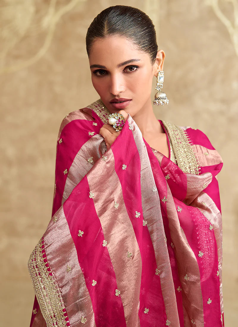 Pink and Off-White Gharara Style Suit with Embroidery - Perfect for Indian Festivals and Pakistani Weddings - Delicate Thread and Mirror Work