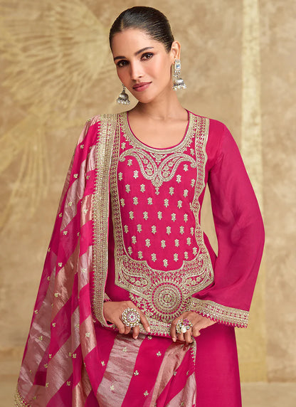 Pink and Off-White Gharara Style Suit with Embroidery - Perfect for Indian Festivals and Pakistani Weddings - Delicate Thread and Mirror Work