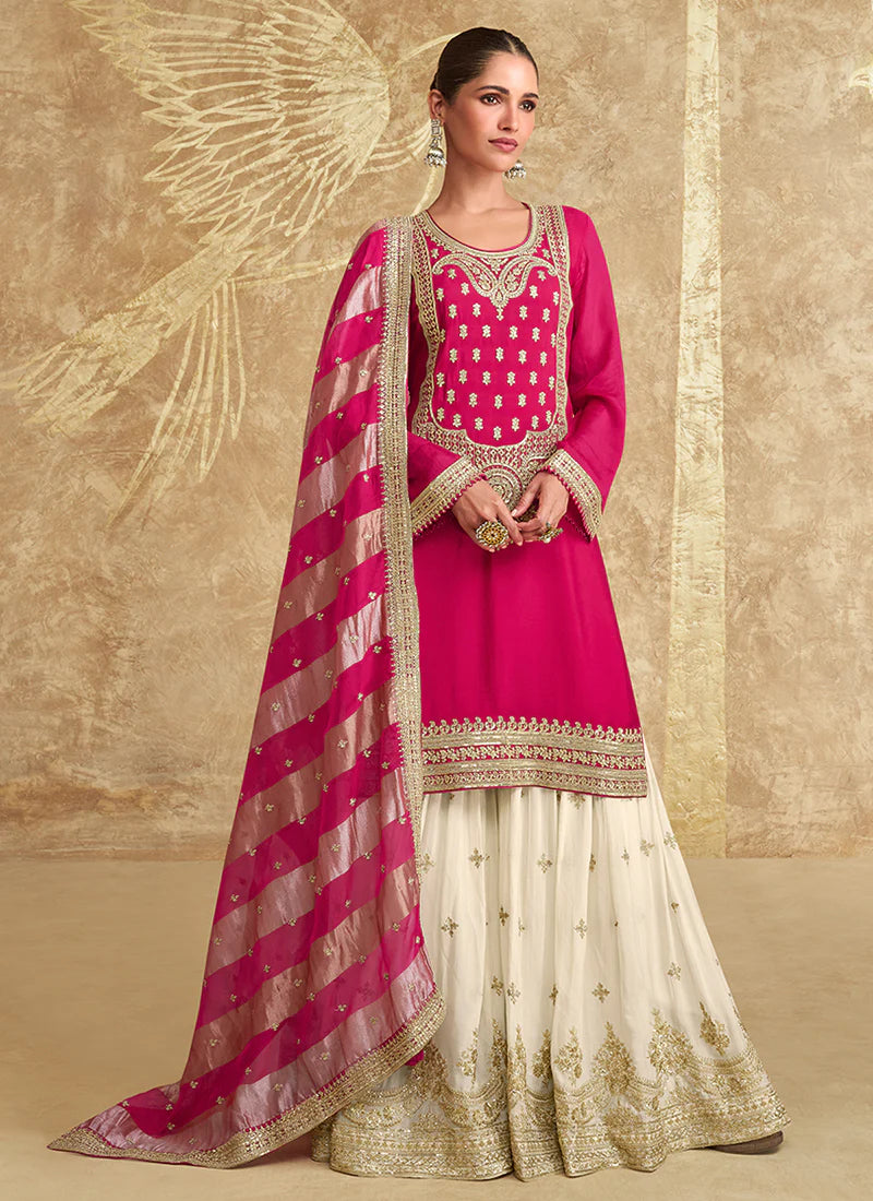 Pink and Off-White Gharara Style Suit with Embroidery - Perfect for Indian Festivals and Pakistani Weddings - Delicate Thread and Mirror Work