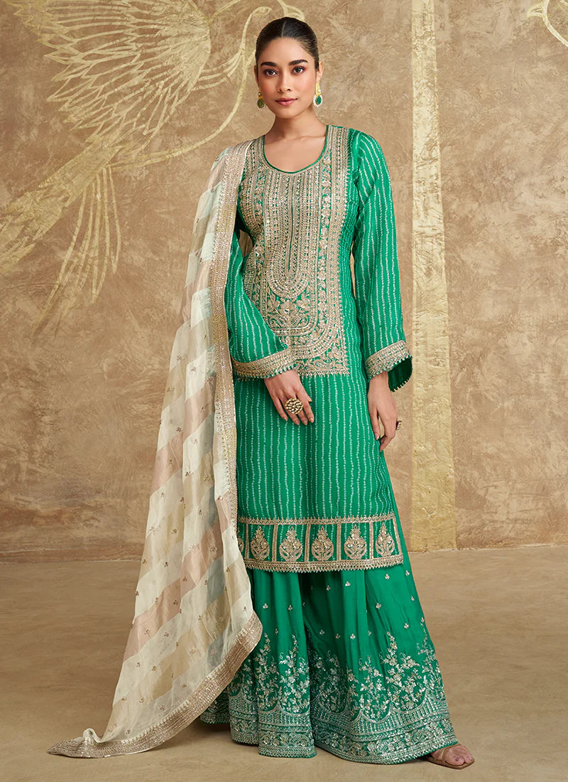 Green and Off-White Gharara Style Suit with Embroidery - Perfect for Indian Festivals and Pakistani Weddings - Delicate Thread and Mirror Work