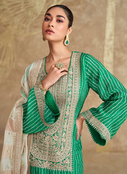 Green and Off-White Gharara Style Suit with Embroidery - Perfect for Indian Festivals and Pakistani Weddings - Delicate Thread and Mirror Work