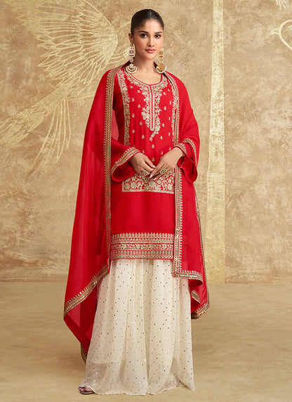 Red and Off-White Gharara Style Suit with Embroidery - Perfect for Indian Festivals and Pakistani Weddings - Delicate Thread and Mirror Work