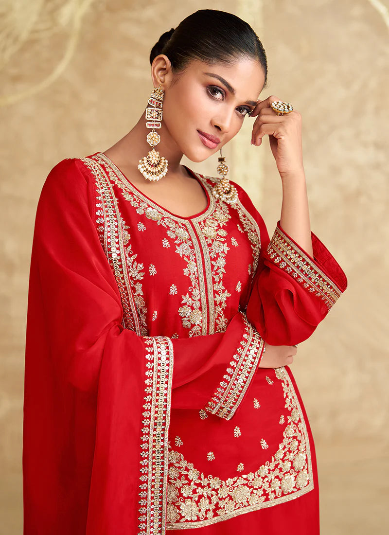 Red and Off-White Gharara Style Suit with Embroidery - Perfect for Indian Festivals and Pakistani Weddings - Delicate Thread and Mirror Work