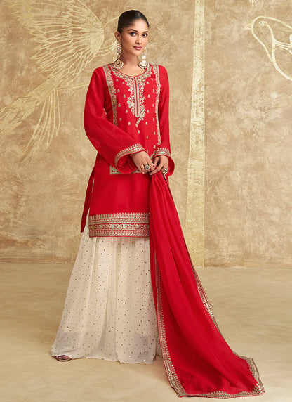 Red and Off-White Gharara Style Suit with Embroidery - Perfect for Indian Festivals and Pakistani Weddings - Delicate Thread and Mirror Work