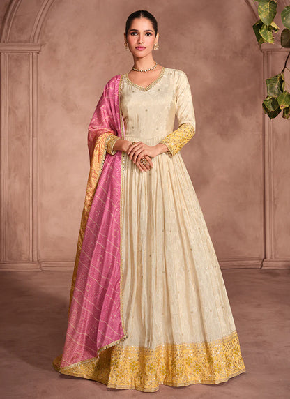 Ivory and Yellow Embroidered Anarkali Gown with Bandhani Dupatta – Perfect for Indian and Pakistani Weddings