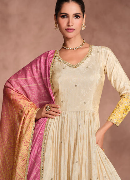 Ivory and Yellow Embroidered Anarkali Gown with Bandhani Dupatta – Perfect for Indian and Pakistani Weddings