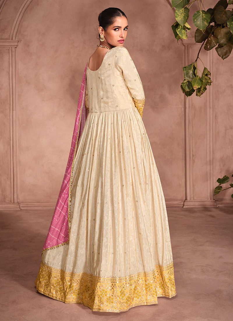 Ivory and Yellow Embroidered Anarkali Gown with Bandhani Dupatta – Perfect for Indian and Pakistani Weddings