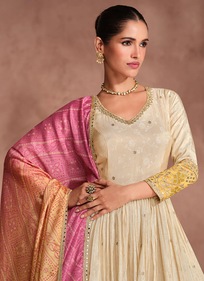 Ivory and Yellow Embroidered Anarkali Gown with Bandhani Dupatta – Perfect for Indian and Pakistani Weddings