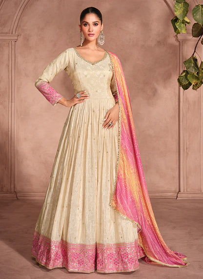 Ivory and Pink Embroidered Anarkali Gown with Bandhani Dupatta – Perfect for Indian and Pakistani Weddings