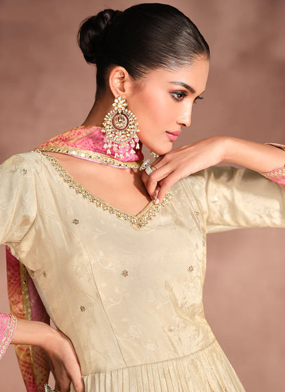 Ivory and Pink Embroidered Anarkali Gown with Bandhani Dupatta – Perfect for Indian and Pakistani Weddings