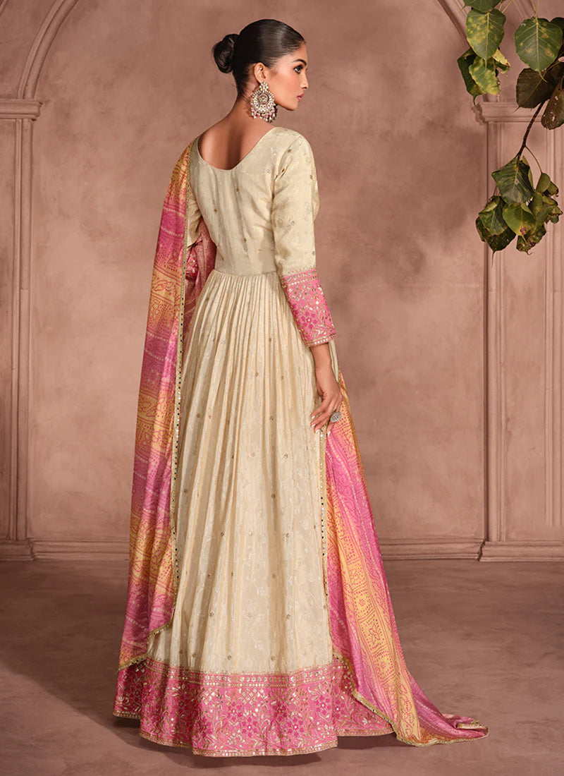 Ivory and Pink Embroidered Anarkali Gown with Bandhani Dupatta – Perfect for Indian and Pakistani Weddings