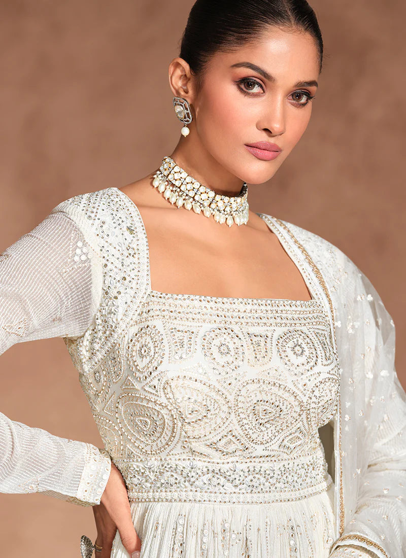 Pearl White Chikankari Embroidered Anarkali Gown with Dupatta – Perfect for Indian and Pakistani Festivals