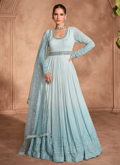 Blue Ombre Chikankari Embroidered Anarkali Gown with Dupatta – Perfect for Indian and Pakistani Festivals