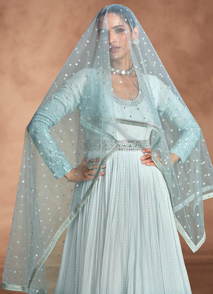 Blue Ombre Chikankari Embroidered Anarkali Gown with Dupatta – Perfect for Indian and Pakistani Festivals