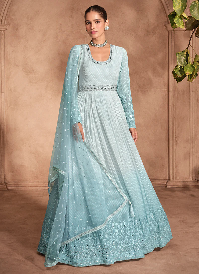 Blue Ombre Chikankari Embroidered Anarkali Gown with Dupatta – Perfect for Indian and Pakistani Festivals