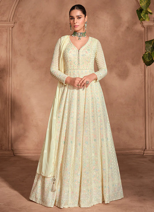 Pastel Yellow Chikankari Embroidered Anarkali Gown with Dupatta – Perfect for Indian and Pakistani Festivals