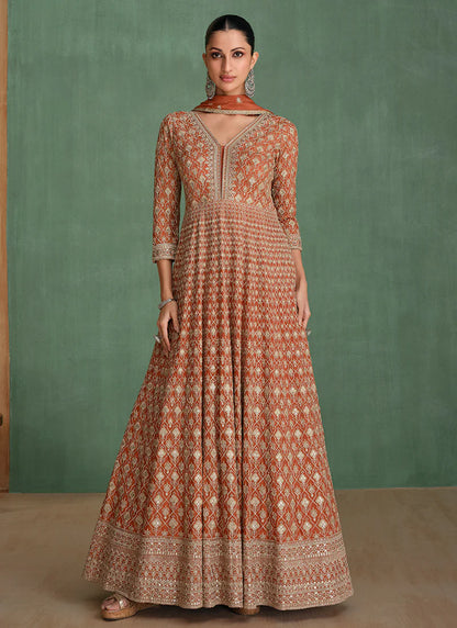 Orange Embroidered Anarkali Suit With Dupatta - Perfect for Indian and Pakistani Weddings and Festive Celebrations